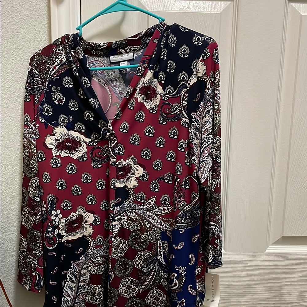Floral Paisley V-Neck Blouse - Red and Blue